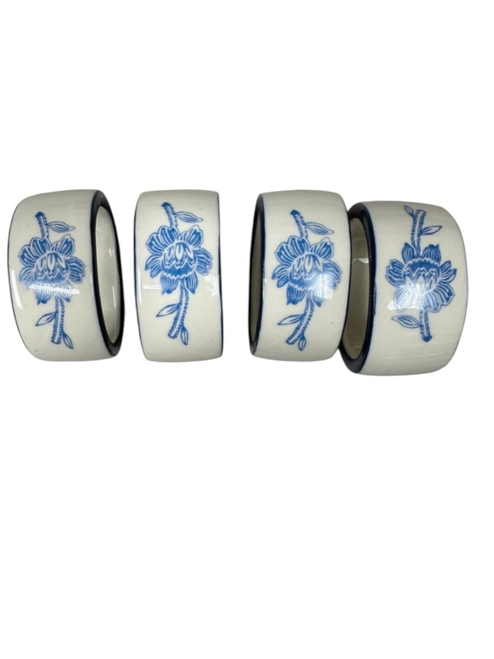 VTG Blue and White Floral Ceramic Napkin Rings - Set of 4